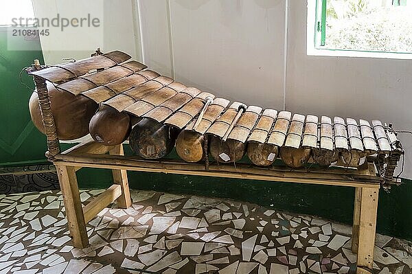 Balafon  ethnisch  musikalisch  Instrument  Bewegung  Frontalansicht  Nahaufnahme. traditionelle afrikanische Marimba Musik im Inneren. Weltkunst der multikulturellen Globalität. Gambia