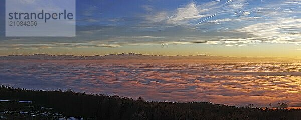 Sonnenuntergang in ein Nebelmeer über dem Bodensee  Inversionswetterlage mit Alpenblick