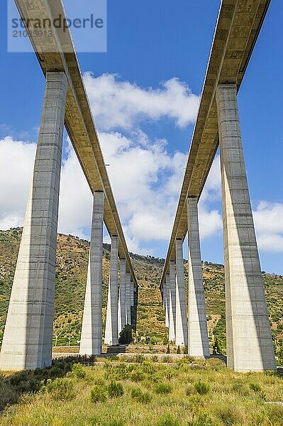 Bottom view of a double motorway viaduct in northern Sicily