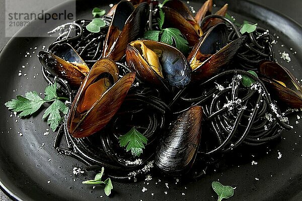 Spaghetti mit schwarzem Tintenfisch  schwarze Nudeln  mit gekochten Muscheln  auf einem schwarzen Teller  mit Petersilie und Parmesankäse  Nahaufnahme  selektiver Fokus  keine Personen