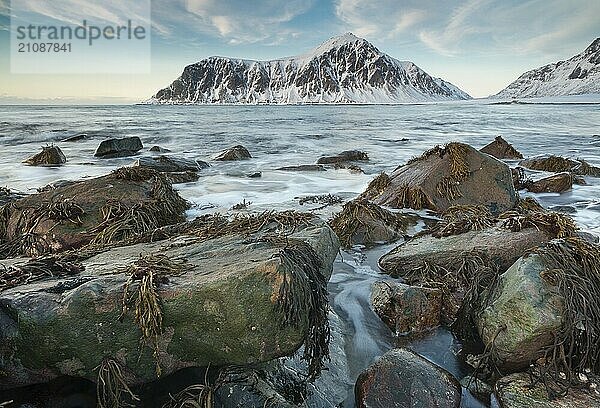 Long exposure  winter evening mood at Skagsanden  stones on the beach at Flakstad  Flakstadøy  Lofoten  Nordland  Norway  Europe