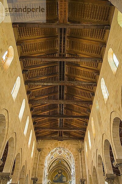 Interior view of the wooden frame of the Cathedral of Cefalu in the north to Sicily