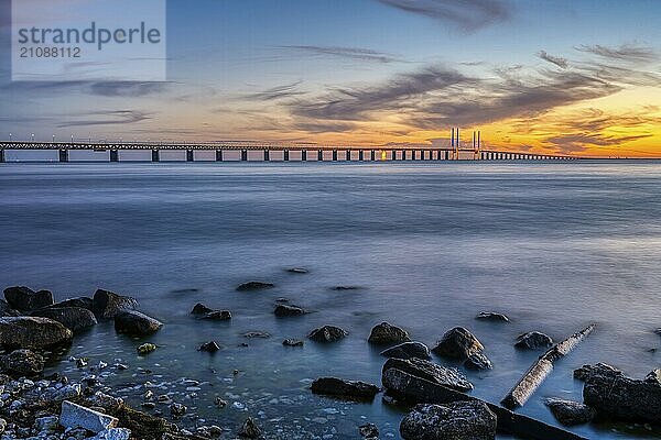 The famous Öresund Bridge between Denmark and Sweden at dusk