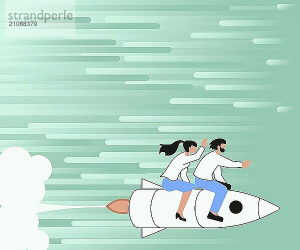 Illustration Of Happy Partners Riding On Rocket Ship Exploring World