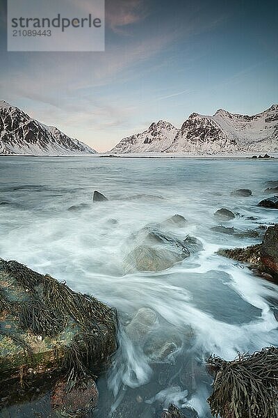 Long exposure  Winter evening mood at Skagsanden  Stones on the beach at Flakstad  Flakstadøy  Lofoten  Nordland  Norway  Europe