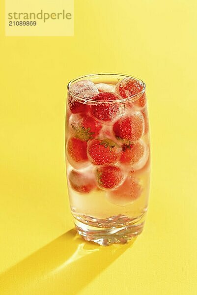 Glas Wasser mit gefrorenen Erdbeeren auf gelbem Hintergrund. Kaltes Wasser mit gefrorenen Früchten