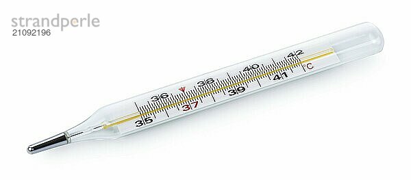 Quecksilberthermometer vor weißem Hintergrund