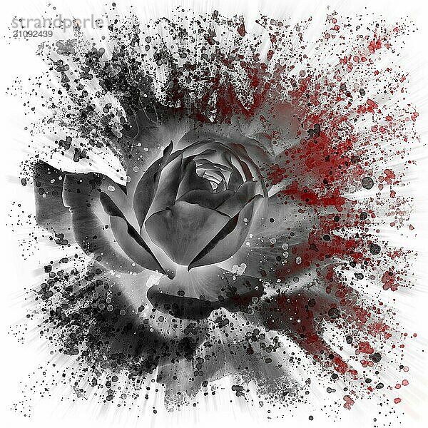 Dramatische Splash Effekt einzelne schwarze Rose floral digitale Kunst mit roten Highlights auf einem weißen Hintergrund