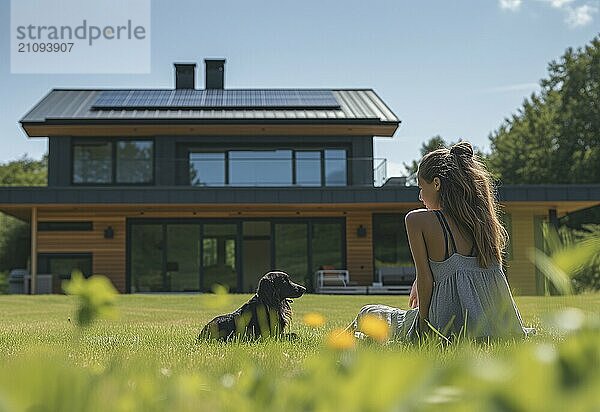 Ein junges Mädchen spielt fröhlich mit ihrem Hund im Garten ihres modernen  umweltfreundlichen Hauses mit Solarenergie. Die natürliche Landschaft  die Blumen und der blaue Himmel unterstreichen ihre Harmonie mit der Umwelt  KI erzeugt  KI generiert