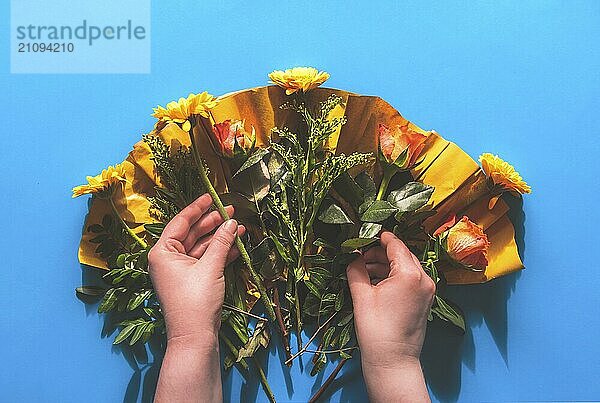 Frauenhände pflücken Blumen aus einem unverpackten Blumenstrauß  Tischansicht mit blauem Hintergrund