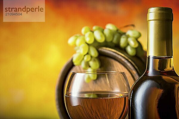 Komposition mit Weißwein im Keller auf orangefarbenem Hintergrund