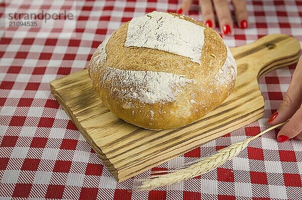 Beautiful Sourdough bread being held by woman's hands and blurred background