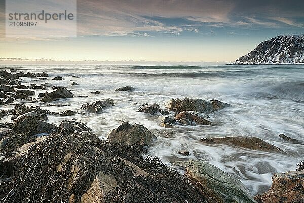 Long exposure  winter evening mood at Skagsanden  stones on the beach at Flakstad  Flakstadøy  Lofoten  Nordland  Norway  Europe