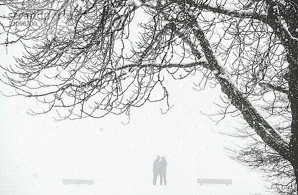 Raue Winterlandschaft mit der Silhouette von zwei Menschen in einem Park bei Schneefall und Schneesturm  umrahmt von einem großen blattlosen Baum  im Februar  in Deutschland