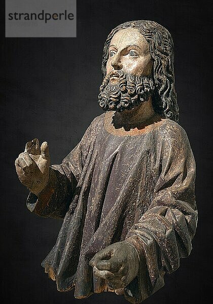 Jesusfigur  auf dunklem Grund  um 1470  nur noch der Korpus vom Palmesel vorhanden  Strigel Museum  Martin-Luther-Platz 1  Memmingen  Schwaben  Bayern