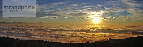 Sonnenuntergang in ein Nebelmeer über dem Bodensee  Inversionswetterlage mit Alpenblick