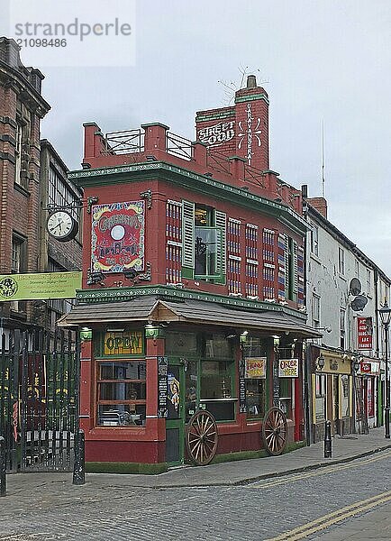 Leeds  west yorkshire  england  20 april 2019: the crown street the historic kirkgate area of leeds with the caravanserai restaurant famous for its ornate exterior