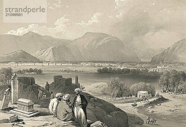 Afghanische Männer auf dem Friedhof von Kaga Suffa mit Blick auf die Stadt Kabul  Afghanistan  Erster Anglo Afghanischer Krieg  Skizze von James Atkinson  1839  Asien