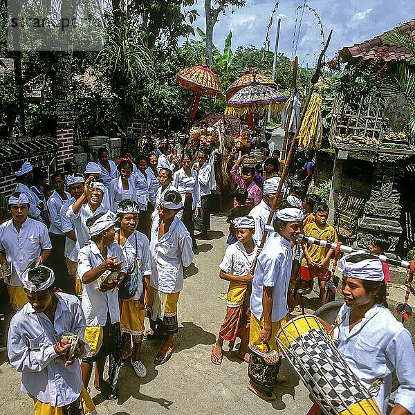 Religious ceremony with the Barong  who embodies goodness  Ubud  Bali  Indonesia