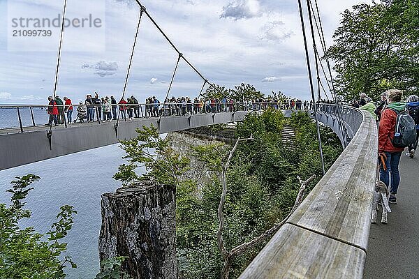 Der Skywalk Königsstuhl an den Kreidefelsen von Rügen  Aussichtsplattform an der berühmten Felsformation Königsstuhl  barrierefrei  im Nationalpark Jasmund  Blick auf die Ostsee und die Kreidefelsen Küste  zwischen Sassnitz und Lohme  Mecklenburg-Vorpommern  Deutschland  Europa