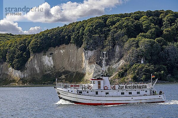 Excursion boat Jan Cox  round trip to the chalk cliffs of Rügen  viewing platform at the famous Königsstuhl rock formation  in the Jasmund National Park  view of the Baltic Sea and the chalk cliff coast  between Sassnitz and Lohme  Mecklenburg-Vorpommern  Germany  Europe