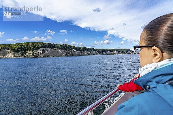 Excursion boat Alexander  round trip to the chalk cliffs of Rügen  cliffs of the Stubbenkammer  in the Jasmund National Park  view of the Baltic Sea and the chalk cliff coast  between Sassnitz and Lohme  Mecklenburg-Western Pomerania  Germany  Europe