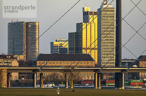 Düsseldorf  Skyline der Innenstadt  Hochhäuser  Rheinkniebrücke  Rhein  Frachtschiff