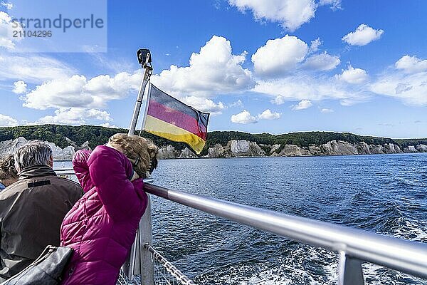 Excursion boat Alexander  round trip to the chalk cliffs of Rügen  cliffs of the Stubbenkammer  in the Jasmund National Park  view of the Baltic Sea and the chalk cliff coast  between Sassnitz and Lohme  Mecklenburg-Western Pomerania  Germany  Europe