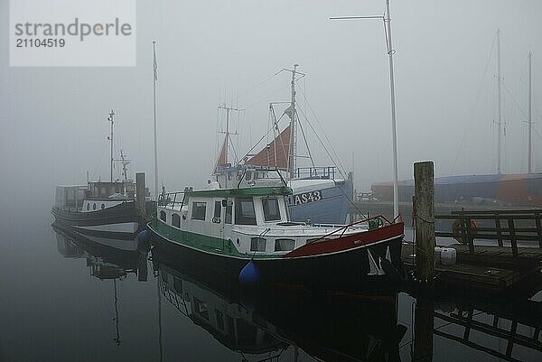 Boats in the fog  Flensburg  Schleswig-Holstein  Germany  Europe