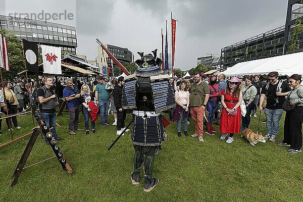 Mann in Samurai-Rüstung bei einer Vorführung vor Zuschauern  Japantag Düsseldorf  Nordrhein-Westfalen  Deutschland  Europa