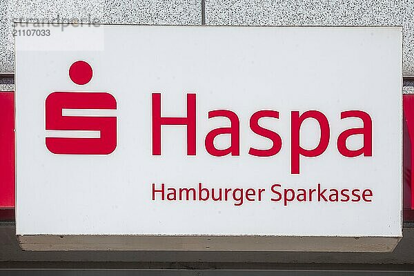 Logo of Hamburger Sparkasse Haspa on a bank branch  Hamburg  Germany  Europe