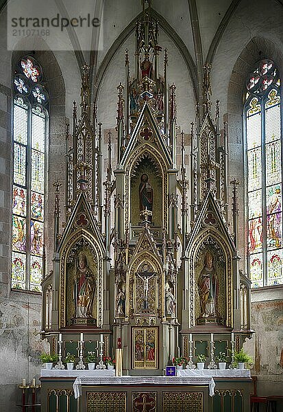 Interior view of the choir  neo-Gothic high altar  altar  parish church  Dorf Tyrol  Tirolo  South Tyrol  Autonomous Province of Bolzano  Italy  Europe