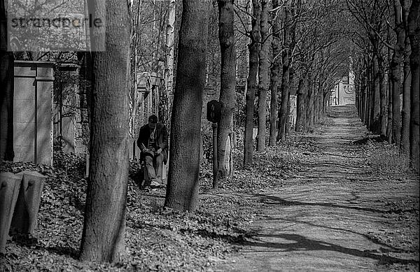 DDR  Berlin  27.04.1987  Jüdischer Friedhof Weißensee  im Frühling  zeichnender Mann mit Kippa (Davidstern)