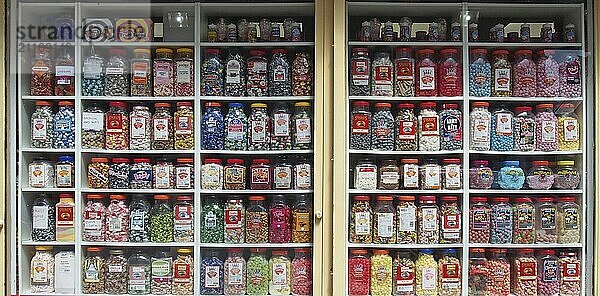 Southport  merseyside  united kingdom  28 june 2019: jars of old fashioned traditional british sweets in on display in the window of a shop