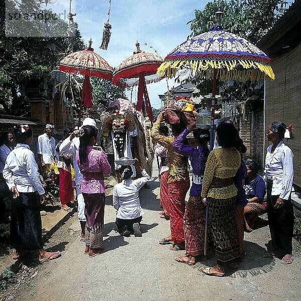 Religious ceremony with the Barong  who embodies goodness  Ubud  Bali  Indonesia