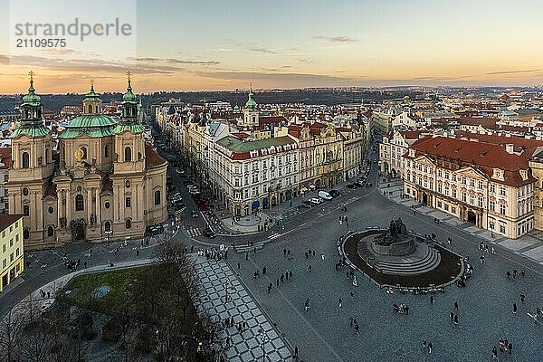 Aerial view of the panoramic view of the old town square in Prague  Czech Republic  nobody