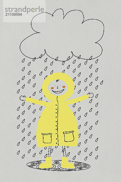 Child enjoying rain under cloud against gray background