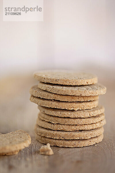 Stack of cookies on wooden table