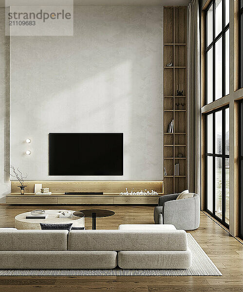 Modern bright living room interior mock-up with gray sofa  coffee table  trendy decoration  and large windows.