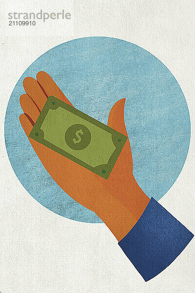 Hand holding paper currency against blue circle in white background