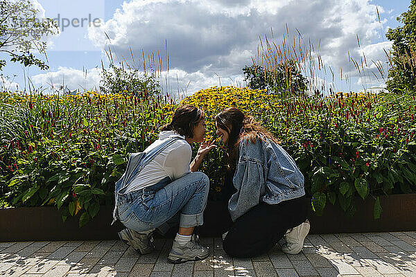 Gay couple smelling flowers in garden