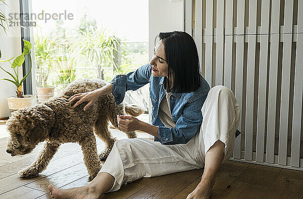 Woman sitting on floor and petting dog at home