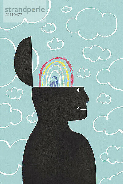 Illustration of person with open mind and rainbow over cloudy background