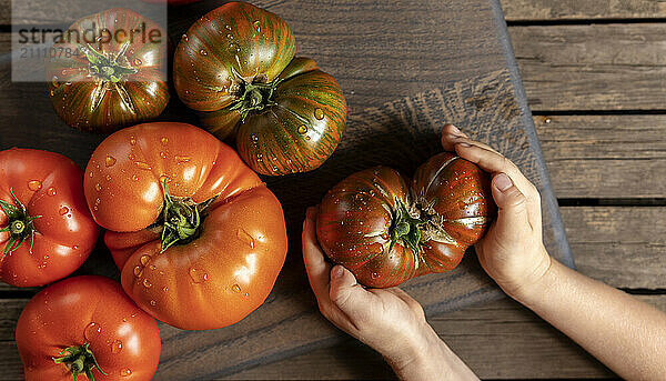 Child placing a red tomato on a wooden cutting board.