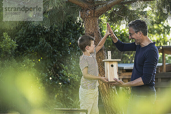 Cheerful man giving high-five to grandson with birdhouse in back yard