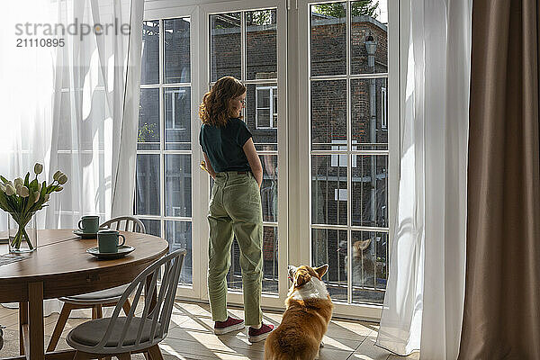 Young woman and Welsh Corgi dog looking through window at home