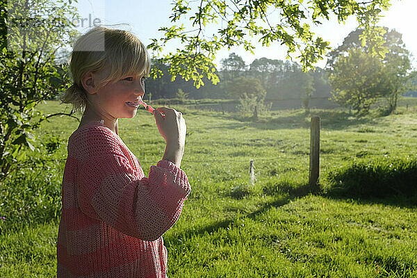 Girl brushing teeth near green meadow