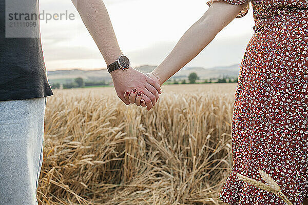 Couple holding hands in spikelet field