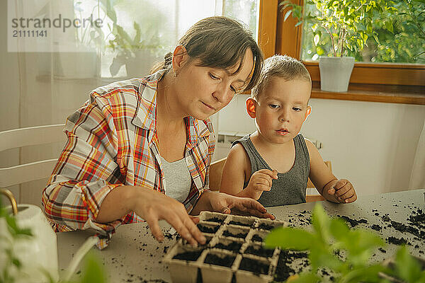 Boy with mother sitting near table and filling seedling tray at home