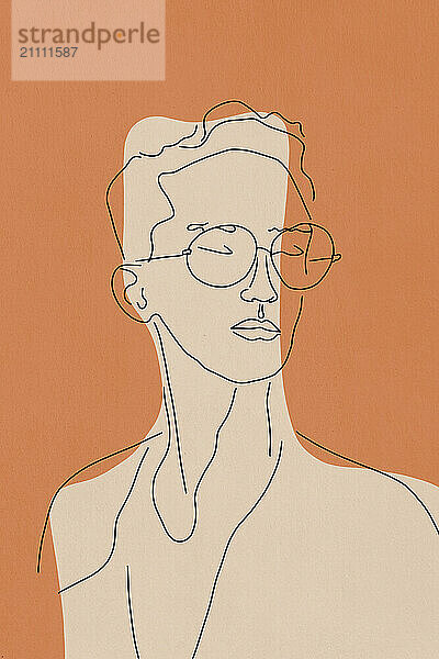 Illustration of thoughtful man wearing eyeglasses against orange background